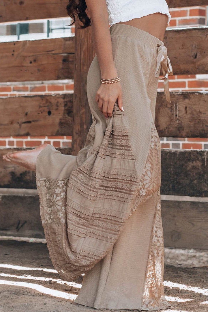 Black Boho Lace Patchwork Wide Leg High Waist Pants - Fashion Queen -  24