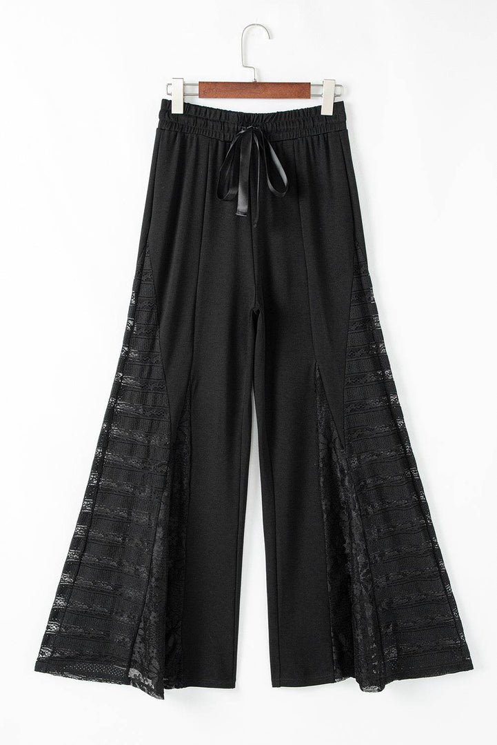 Black Boho Lace Patchwork Wide Leg High Waist Pants - Fashion Queen -  3