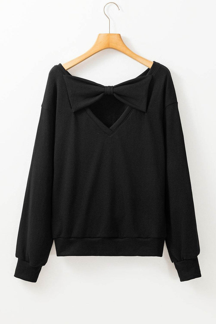 Black Bowknot Dewback Round Neck Sweatshirt - Fashion Queen -  17