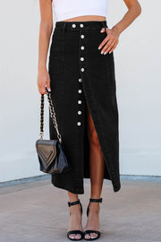 Black Button Fly Side Split High Waist Denim Midi Skirt - Fashion Queen -  1