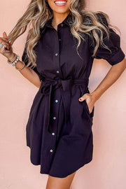 Black Button Up Tie Waist Puff Sleeve Mini Dress - Fashion Queen -  1