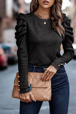 Load image into Gallery viewer, Black Buttoned Puff Long Sleeve Sheath Top - Fashion Queen -  1
