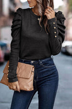 Load image into Gallery viewer, Black Buttoned Puff Long Sleeve Sheath Top - Fashion Queen -  10
