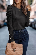 Load image into Gallery viewer, Black Buttoned Puff Long Sleeve Sheath Top - Fashion Queen -  11
