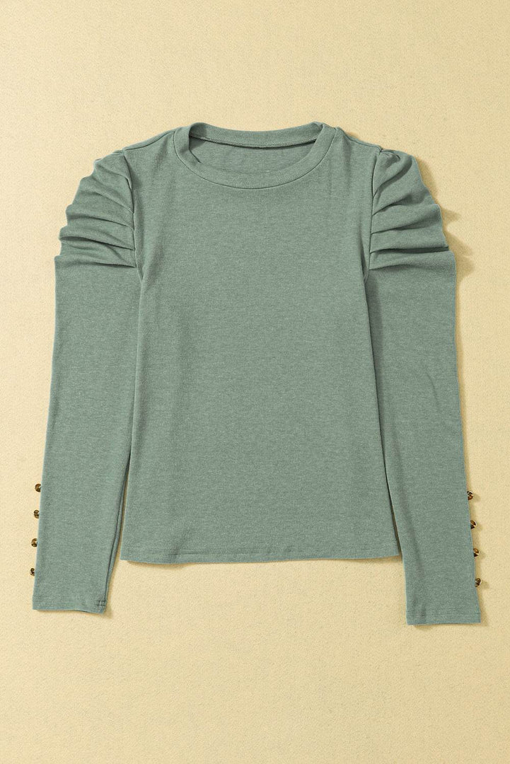 Black Buttoned Puff Long Sleeve Sheath Top - Fashion Queen -  28