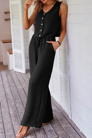 Black Buttoned Vest Drawstring Wide Leg Pants 2pcs Set - Fashion Queen -  1