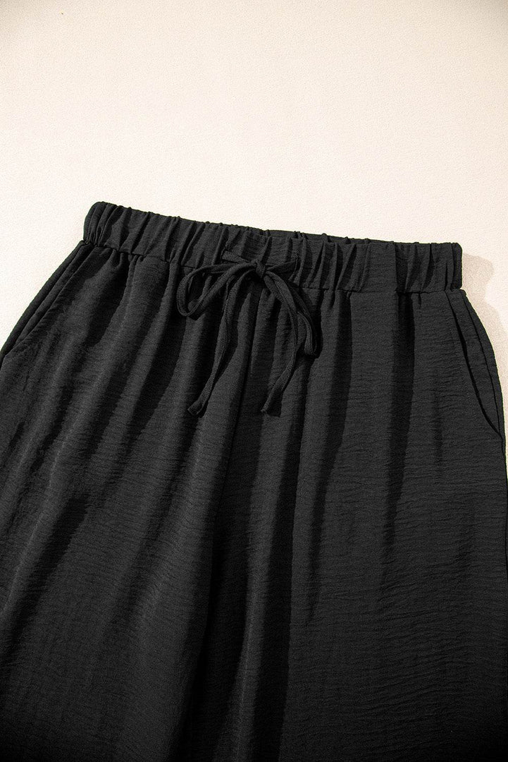 Black Buttoned Vest Drawstring Wide Leg Pants 2pcs Set - Fashion Queen -  15
