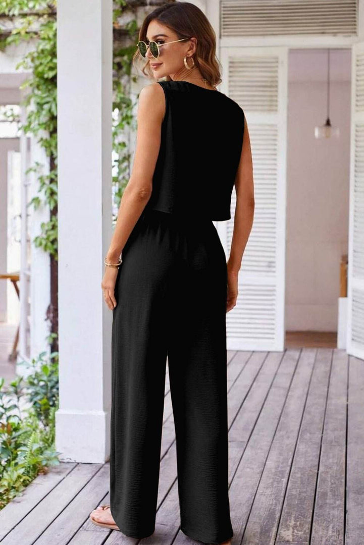 Black Buttoned Vest Drawstring Wide Leg Pants 2pcs Set - Fashion Queen -  2