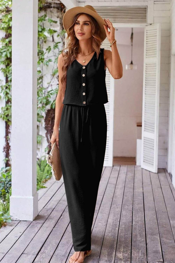 Black Buttoned Vest Drawstring Wide Leg Pants 2pcs Set - Fashion Queen -  3