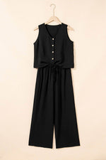Load image into Gallery viewer, Black Buttoned Vest Drawstring Wide Leg Pants 2pcs Set - Fashion Queen -  7
