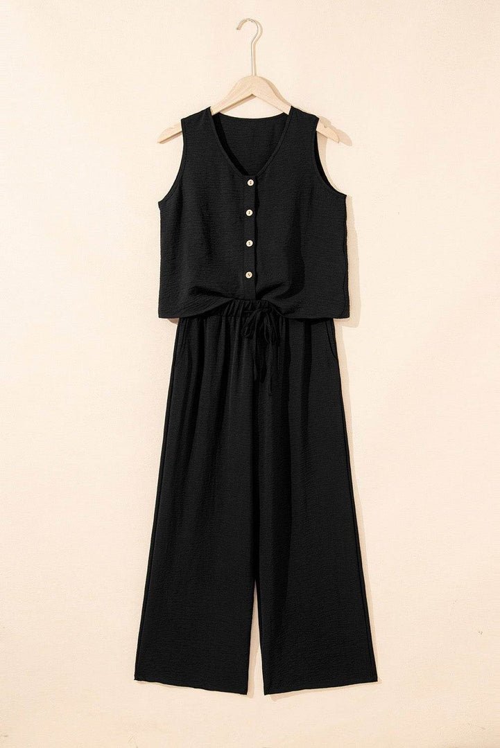 Black Buttoned Vest Drawstring Wide Leg Pants 2pcs Set - Fashion Queen -  7