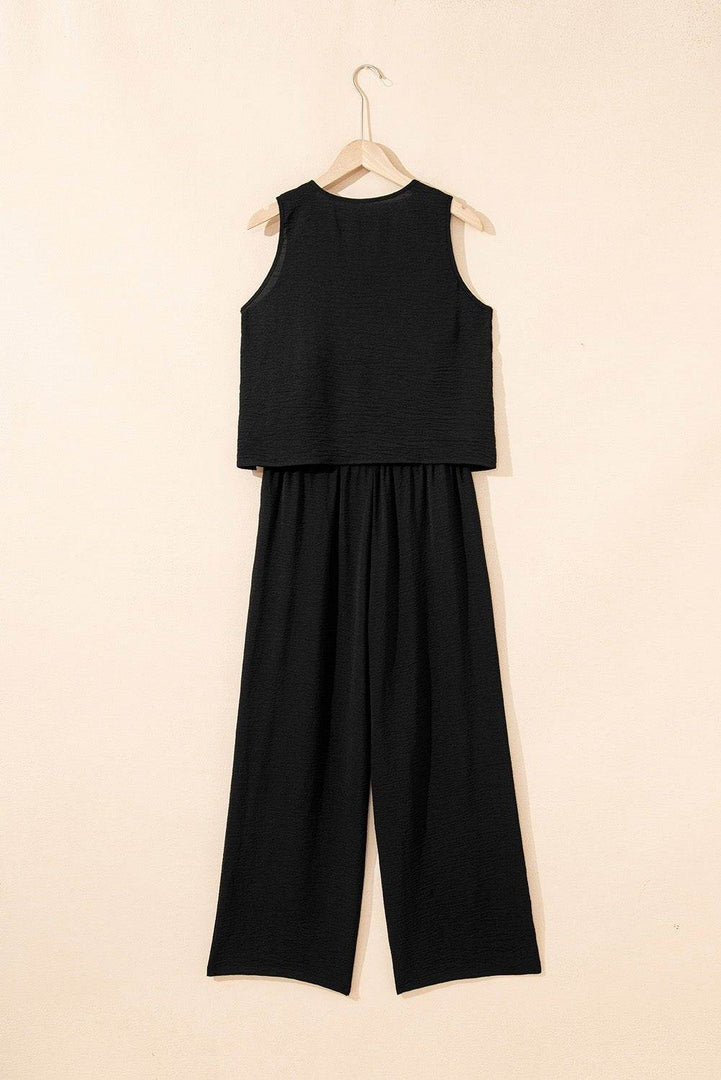Black Buttoned Vest Drawstring Wide Leg Pants 2pcs Set - Fashion Queen -  8