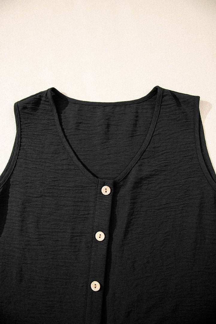 Black Buttoned Vest Drawstring Wide Leg Pants 2pcs Set - Fashion Queen -  9