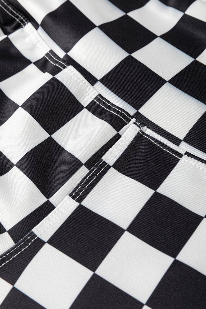 Black Checkered Pattern High Waist Skinny Leggings - Fashion Queen -  11