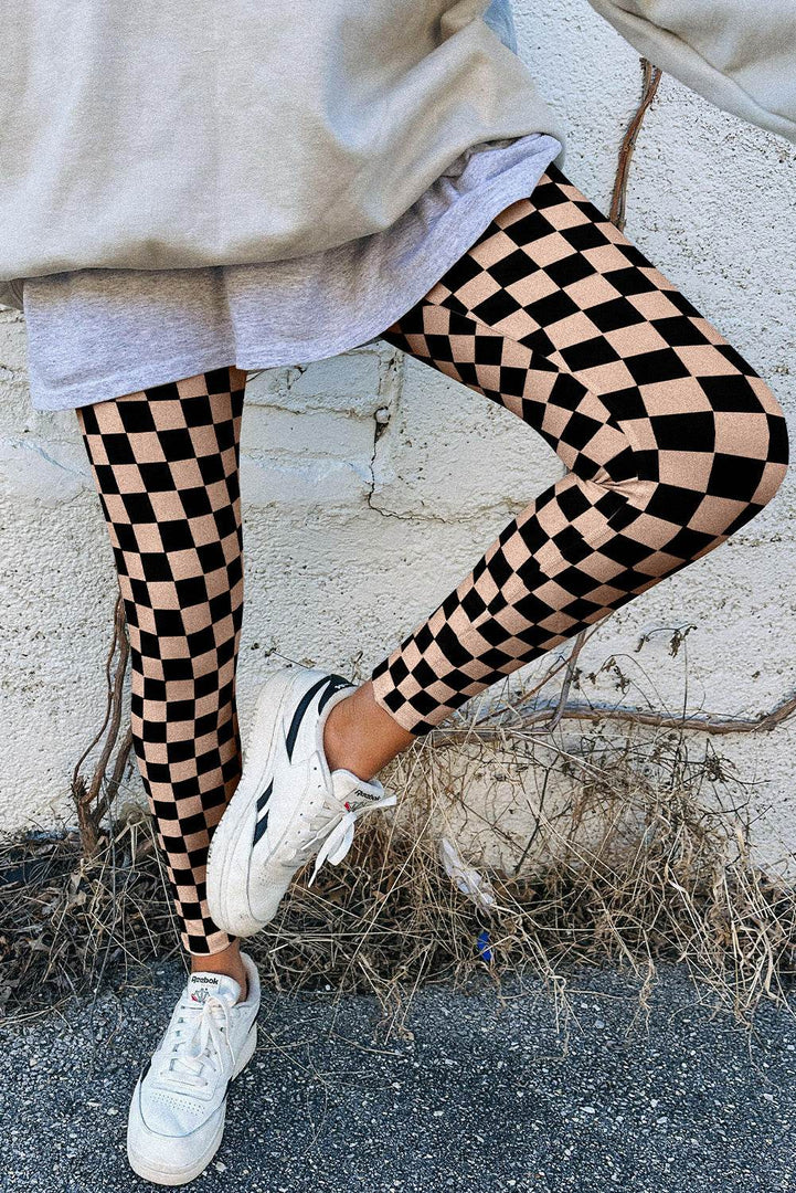 Black Checkered Pattern High Waist Skinny Leggings - Fashion Queen -  5