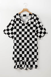 Black Checkered Pattern Tee and Shorts Plus Size Two Piece Set - Fashion Queen -  1