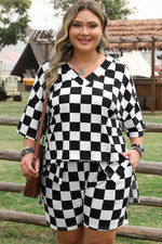 Load image into Gallery viewer, Black Checkered Pattern Tee and Shorts Plus Size Two Piece Set - Fashion Queen -  10
