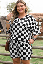 Load image into Gallery viewer, Black Checkered Pattern Tee and Shorts Plus Size Two Piece Set - Fashion Queen -  11

