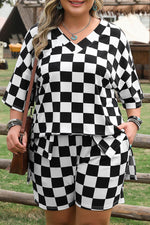 Load image into Gallery viewer, Black Checkered Pattern Tee and Shorts Plus Size Two Piece Set - Fashion Queen -  12
