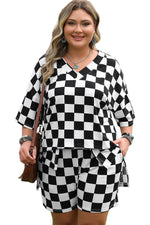 Load image into Gallery viewer, Black Checkered Pattern Tee and Shorts Plus Size Two Piece Set - Fashion Queen -  14
