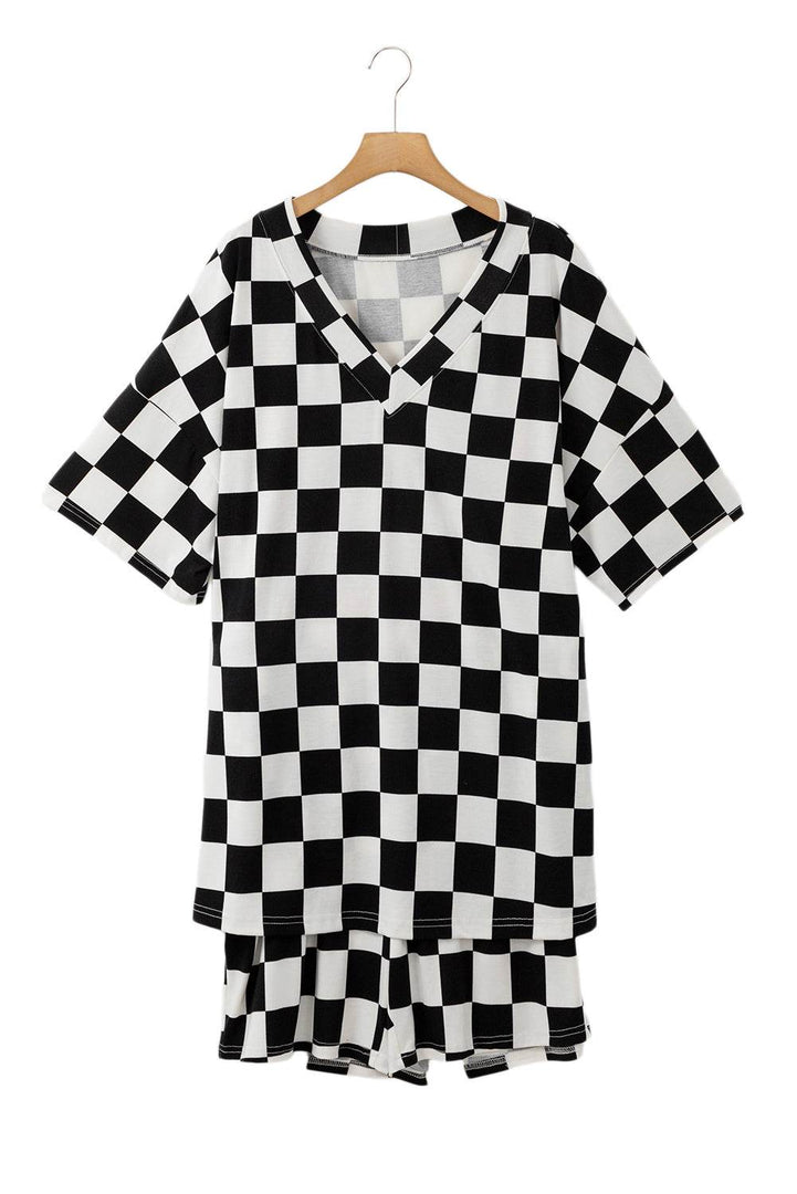 Black Checkered Pattern Tee and Shorts Plus Size Two Piece Set - Fashion Queen -  15