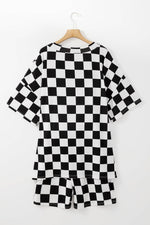 Load image into Gallery viewer, Black Checkered Pattern Tee and Shorts Plus Size Two Piece Set - Fashion Queen -  2
