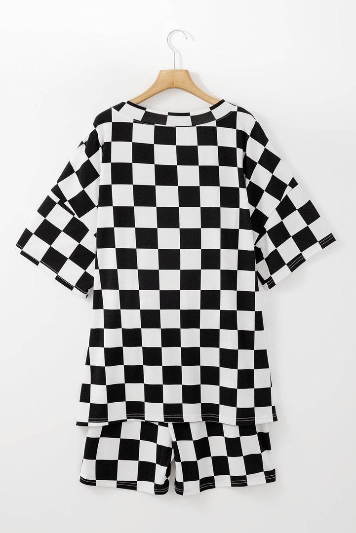 Black Checkered Pattern Tee and Shorts Plus Size Two Piece Set - Fashion Queen -  2