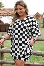 Load image into Gallery viewer, Black Checkered Pattern Tee and Shorts Plus Size Two Piece Set - Fashion Queen -  9
