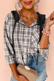 Black Checkered Print Loose Fit Buttoned Hooded Shacket - Fashion Queen -  1