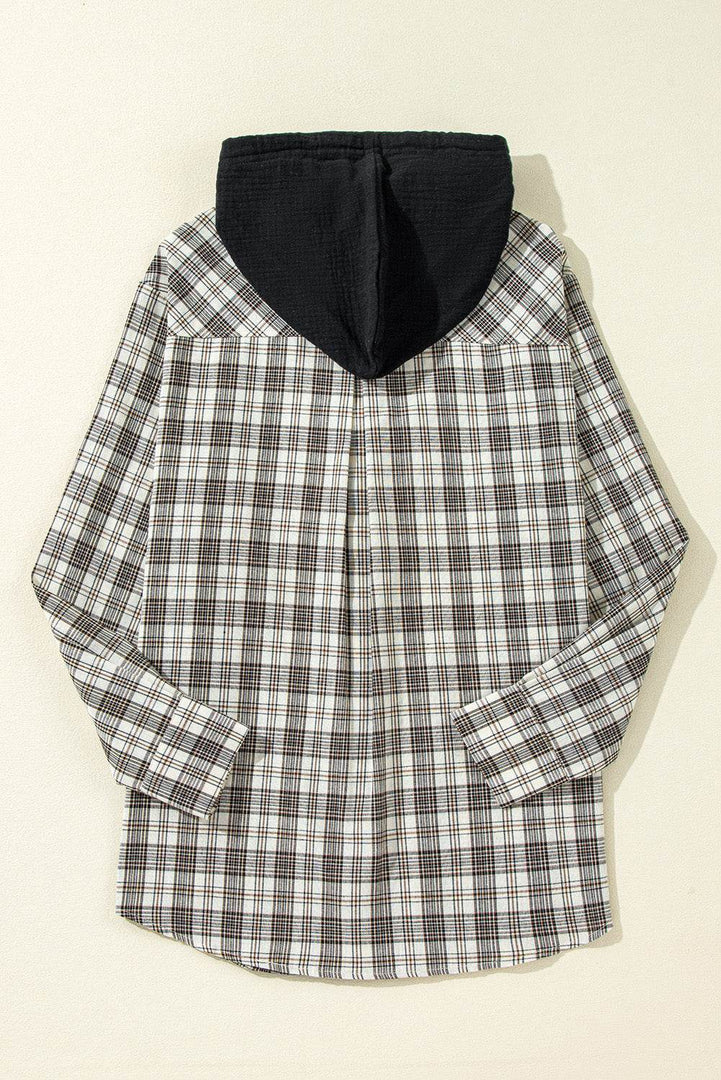 Black Checkered Print Loose Fit Buttoned Hooded Shacket - Fashion Queen -  14