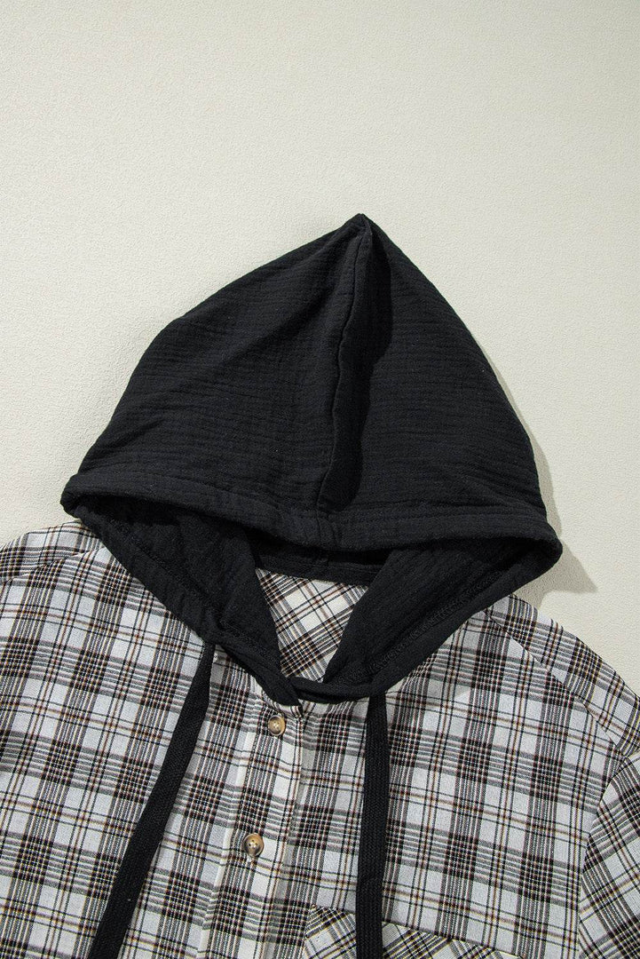 Black Checkered Print Loose Fit Buttoned Hooded Shacket - Fashion Queen -  17