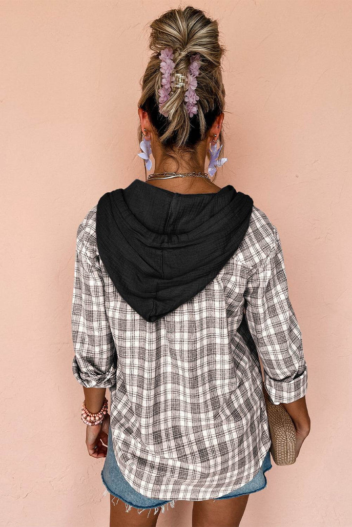 Black Checkered Print Loose Fit Buttoned Hooded Shacket - Fashion Queen -  2