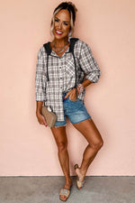 Load image into Gallery viewer, Black Checkered Print Loose Fit Buttoned Hooded Shacket - Fashion Queen -  3
