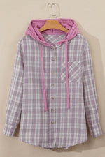 Load image into Gallery viewer, Black Checkered Print Loose Fit Buttoned Hooded Shacket - Fashion Queen -  30
