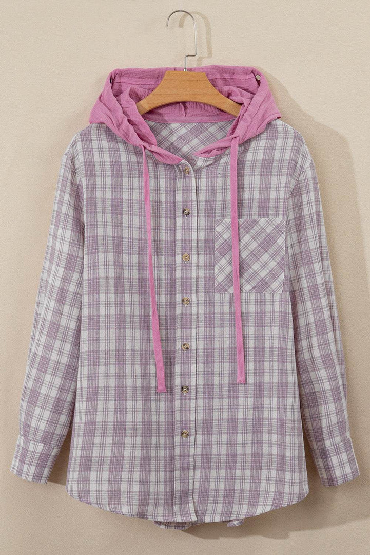Black Checkered Print Loose Fit Buttoned Hooded Shacket - Fashion Queen -  30