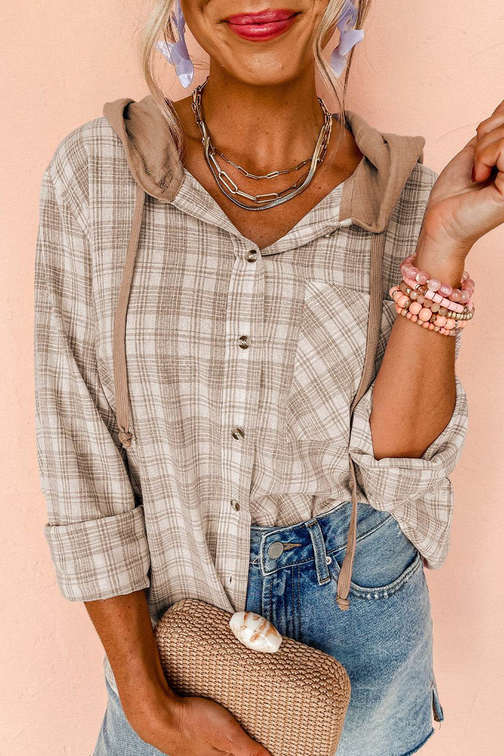 Black Checkered Print Loose Fit Buttoned Hooded Shacket - Fashion Queen -  7