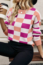 Black Checkered Ribbed Edge O Neck Drop Shoulder Sweater - Fashion Queen -  4