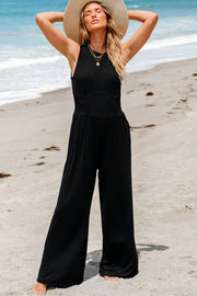 Black Cinched Waist Sleeveless Wide Leg Jumpsuit - Fashion Queen -  1