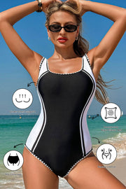 Black Color Block Ric Rac Trim U Neck One Piece Swimsuit - Fashion Queen -  1