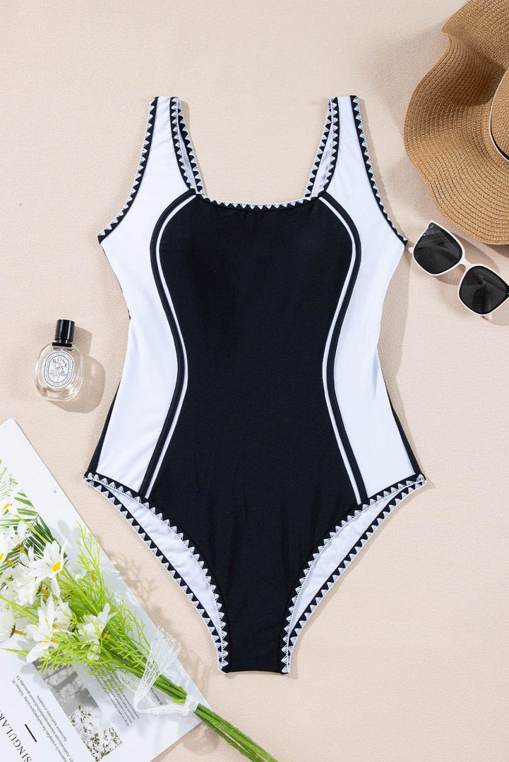 Black Color Block Ric Rac Trim U Neck One Piece Swimsuit - Fashion Queen -  10