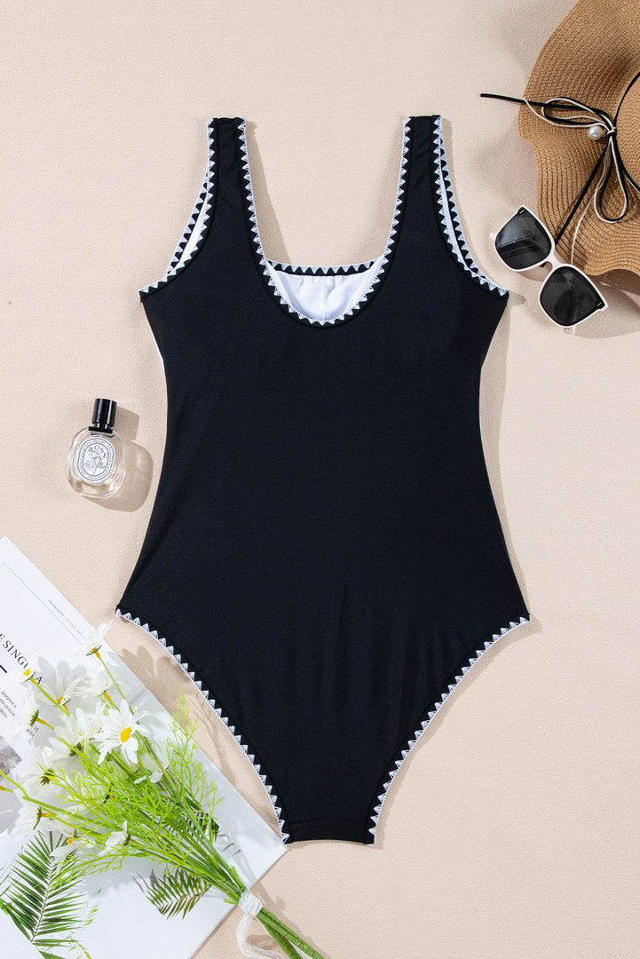 Black Color Block Ric Rac Trim U Neck One Piece Swimsuit - Fashion Queen -  11