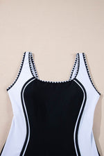 Load image into Gallery viewer, Black Color Block Ric Rac Trim U Neck One Piece Swimsuit - Fashion Queen -  12
