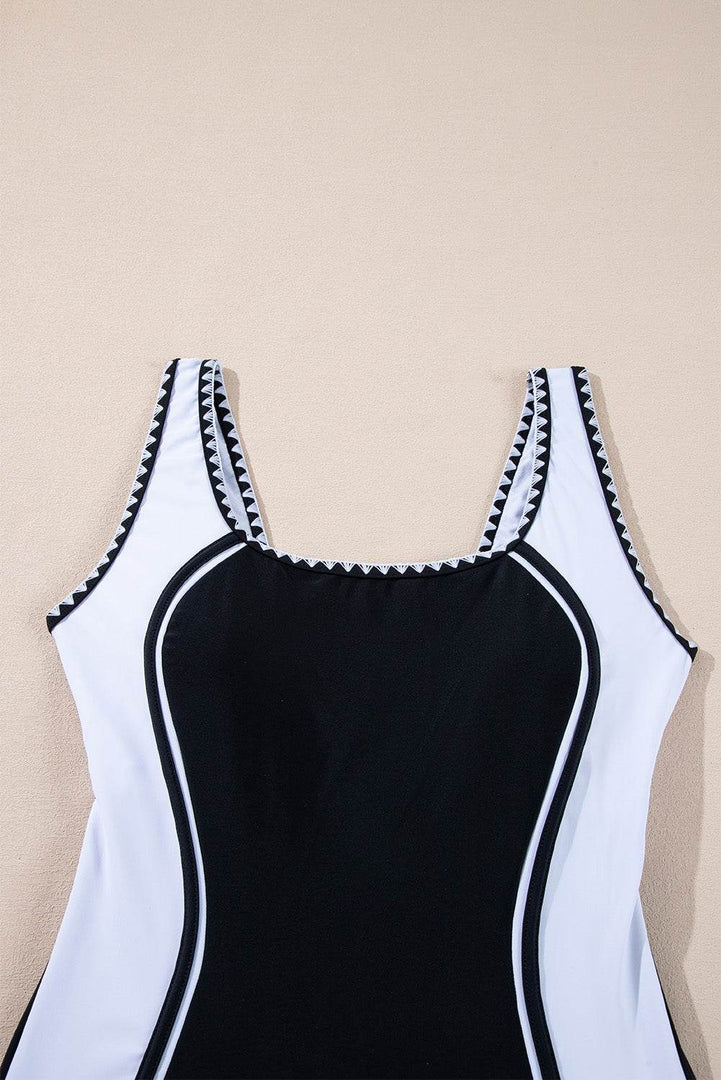 Black Color Block Ric Rac Trim U Neck One Piece Swimsuit - Fashion Queen -  12