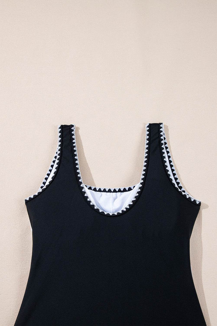 Black Color Block Ric Rac Trim U Neck One Piece Swimsuit - Fashion Queen -  13