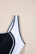 Load image into Gallery viewer, Black Color Block Ric Rac Trim U Neck One Piece Swimsuit - Fashion Queen -  14

