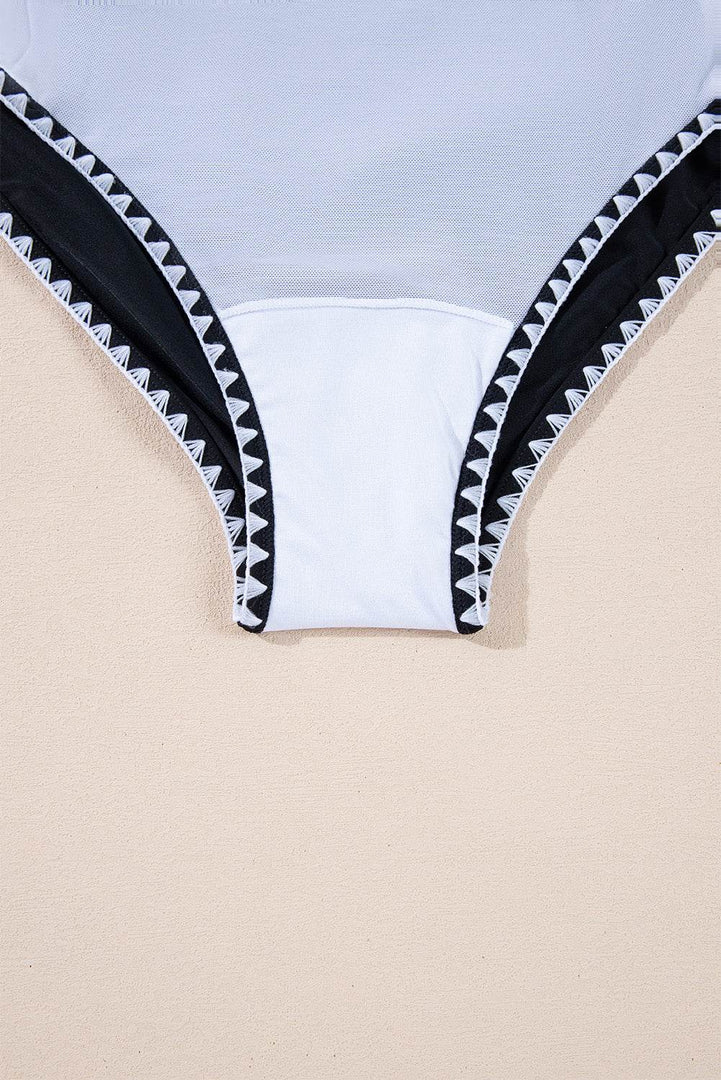Black Color Block Ric Rac Trim U Neck One Piece Swimsuit - Fashion Queen -  15
