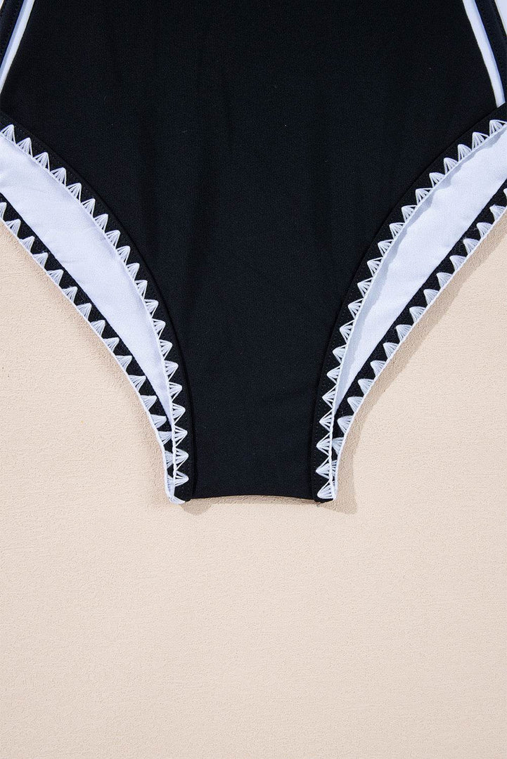 Black Color Block Ric Rac Trim U Neck One Piece Swimsuit - Fashion Queen -  19