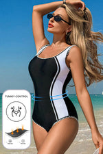 Load image into Gallery viewer, Black Color Block Ric Rac Trim U Neck One Piece Swimsuit - Fashion Queen -  2
