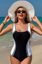 Load image into Gallery viewer, Black Color Block Ric Rac Trim U Neck One Piece Swimsuit - Fashion Queen -  5
