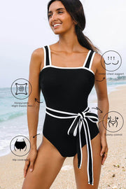 Black Colorblock Edge Belted One Piece Swimsuit - Fashion Queen -  1